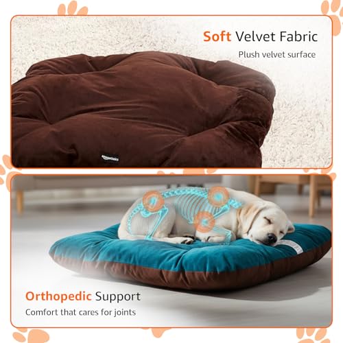 Image of Amazon Basics Pet Bed | Large | Reversible Premium Velvet Pet Bed for Cats & Medium /Large Dogs (Labrador, Golden Retriever, German Shepherd) | Soft & Durable | Coffee & Light Blue| 107 x 107 x 7 cm