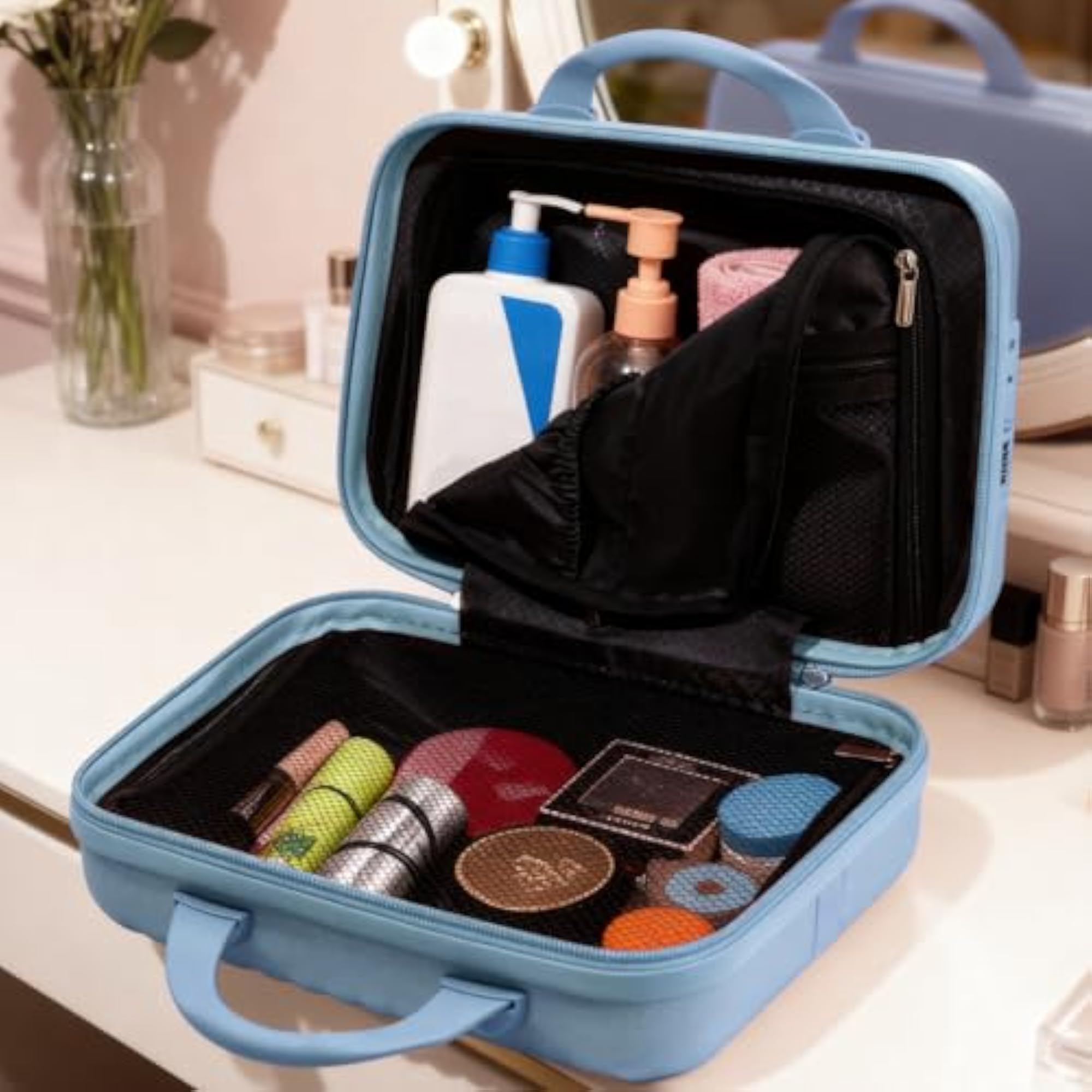 14 Inch Makeup Train Case with Lock, Hard Shell Cosmetic Travel Case
