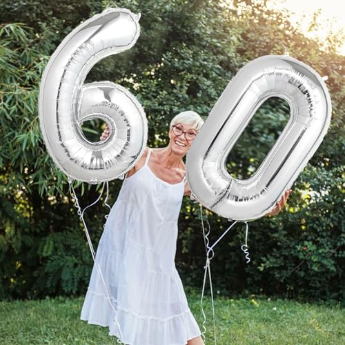 Image of Number Balloons Silver Party Balloon - Giant Number 60 Balloon, 40 Inch Large Balloon for 60th Birthday Decorations, Silver Party Supplies for Anniversary
