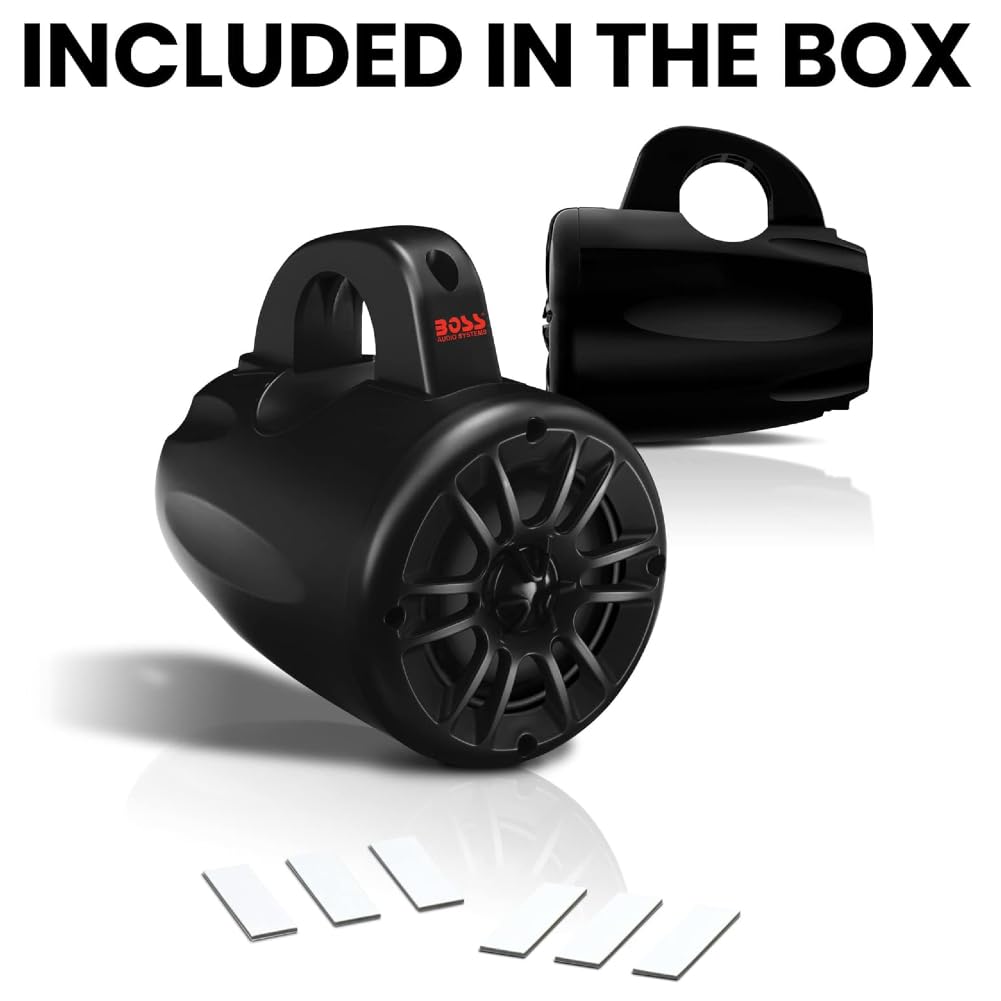 KIT Set pour Boss Audio Systems MRWT40 2 Haut-parleurs waketower Marins 2 Voies Noirs, utv Roll Bar, 10 cm 100 mm 4", 200 Watts rms 400 Watts Max, 4 ohms, étanches, pour Bateaux, par Paire