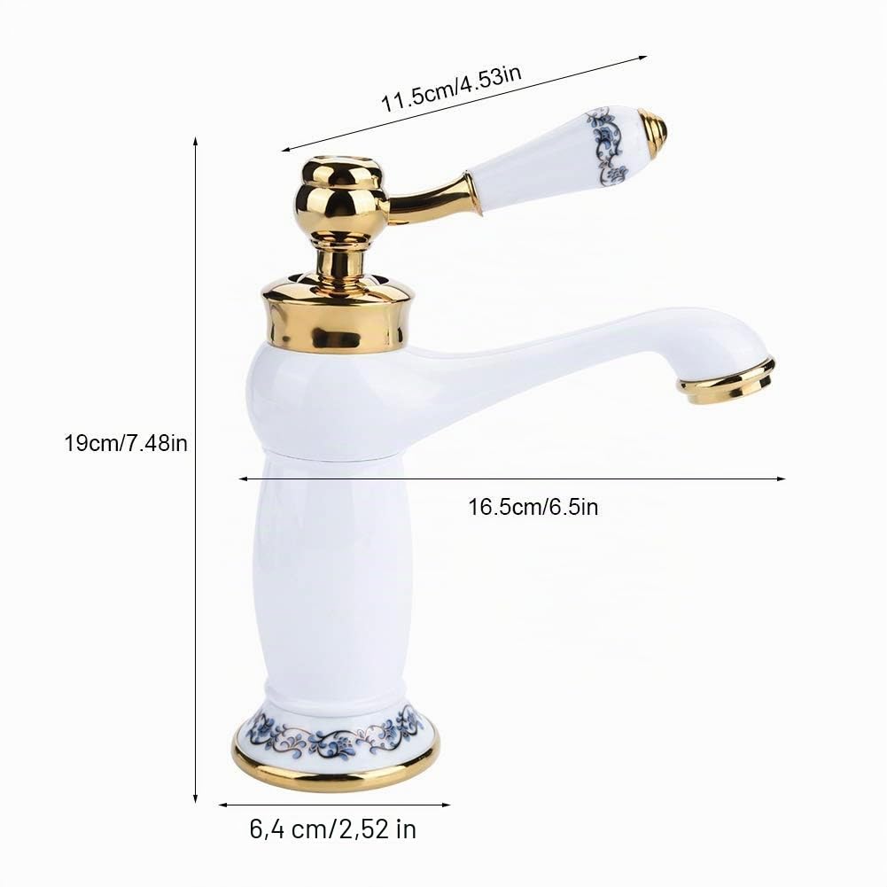 Fdit Céramique Antique en Laiton Robinet De La Salle De Bains Évier Robinet Bleu Et Blanc en Porcelaine À Long Cou Vintage Robinet De Lavabo Mitigeur Cuisine Robinet d'eau Froide Robinet(Blanc)