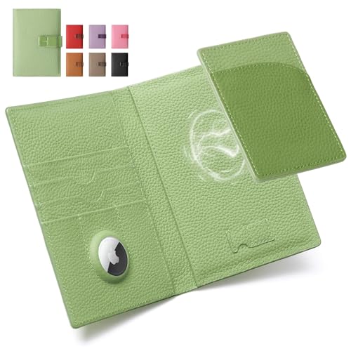 Full Grain Leather Passport Holder for Travel Women Men Passport Wallet with Airtag Slot RFID Blocking Travel Essentials Passport Cover Case Green - Main Image