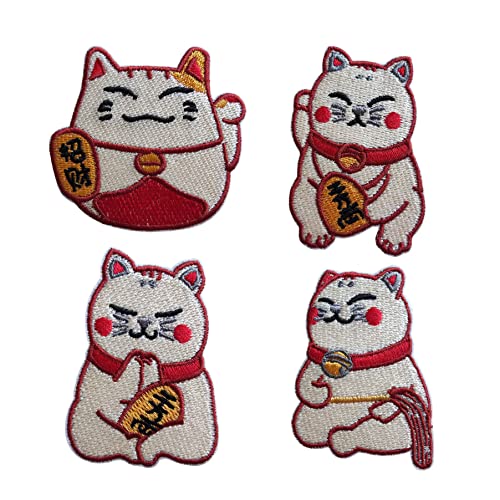 Cute Lucky Cats Patch, 4PCS Japanese Fortune Cat Iron On Patch, Embroidered Patch Badge for Bag Hats Backpack Shoes Clothes