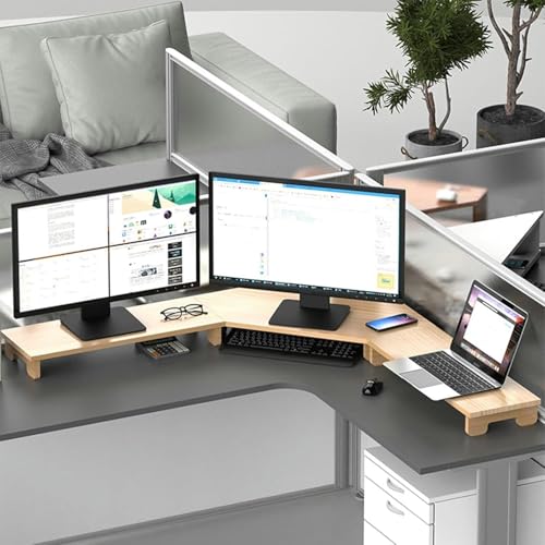 Generisch Soporte para monitor de esquina para 3 monitores, estante de almacenamiento para pantallas de ordenador, de madera, soporte para ordenador portátil, organizador de mesa de oficina, estante