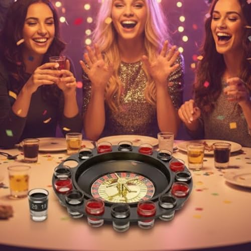 Image of Go Hooked Roulette Drinking Set with Spinner Wheel and Shot Glasses | Includes 2 Balls and 16 Shot Glasses Party Table Activity for Gatherings Celebrations and Events | Reusable Board Game Set