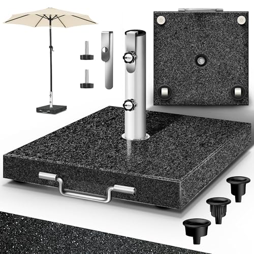 tillvex® Soporte para sombrilla de granito con ruedas y asa de transporte, 27 kg, rectangular, con tubo de acero inoxidable, soporte para sombrilla de balcón para bastones de sombrilla de 16 – 48 mm y