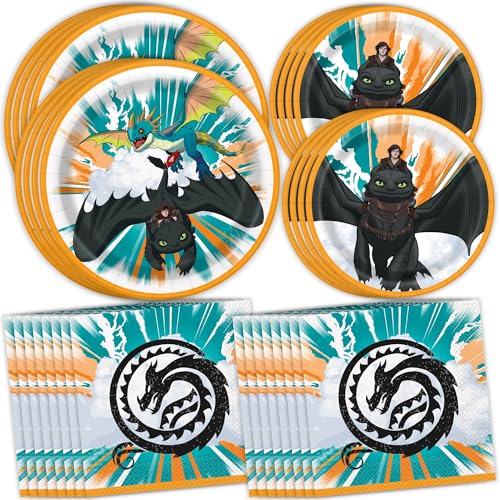Unique How To Train Your Dragon Plates and Napkins - How To Train Your Dragon Party Supplies - 8 Dinner and Dessert Plates, 16 Napkins - Birthday Decorations for 8 Guests