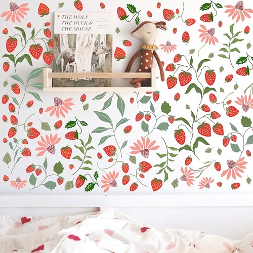 Image of Berry Fruit Wall Stickers Strawberry Wall Decals Floral Leaf Fruits Leaves Stickers Cute Strawberries Wall Sticker Removable Berries Wall Decals for Nursery Girls Room Bedroom Decor