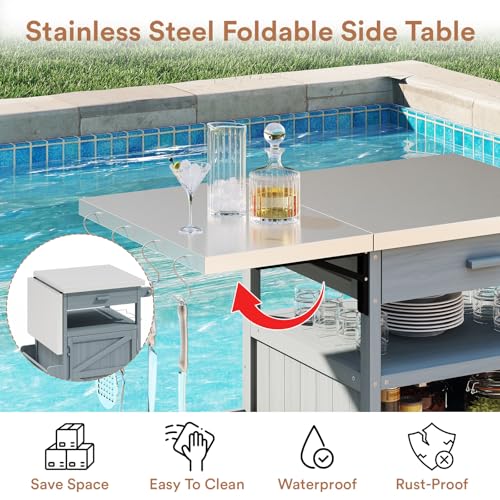 Zevemomo Outdoor Grill Cart with Drop Leaf, Stainless Steel Tabletop Outdoor Kitchen Island, Solid Wood Outdoor Buffet Cabinet with Drawer, Towel Rack, Lockable Wheels for Grilling, Gray-Blue by Zevemomo - Image 4