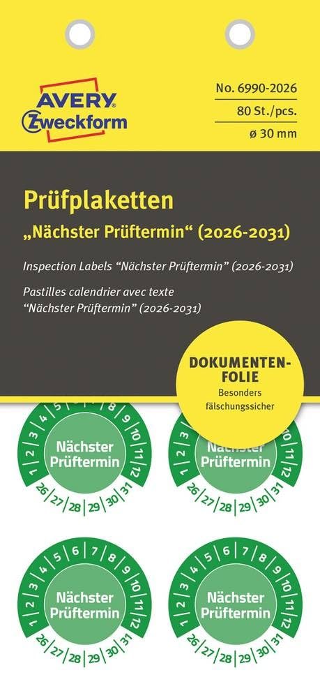 Prüfplaketten 'Nächster Prüftermin' 2026-31, AVERY-ZWECKFORM, Grün, Lackiert, Rund, Folie, Avery Zweckform