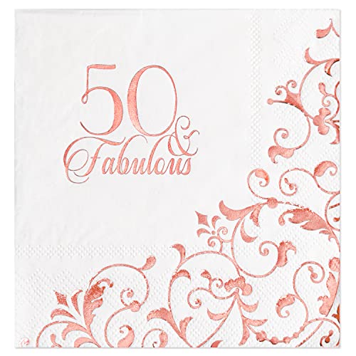 Crisky Roségold, 50 fabelhafte Cocktail-Servietten für Frauen zum 50. Geburtstag, Party-Dekoration, 3-lagige Einweg-Getränke-Dessert-Servietten, 50 Stück Cover