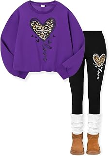 Girls 2 Piece Outfit Tween Girls Clothes Long Sleeve Love Leopard Print Top + Pants Outfits,Size 7-14 Years