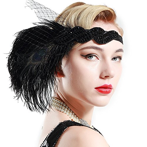 BABEYOND 1920s Gatsby Headpiece 20s Flapper Headband Beaded Peacock Feather Headband 1920s Flapper Gatsby Hair Accessories with Gauze