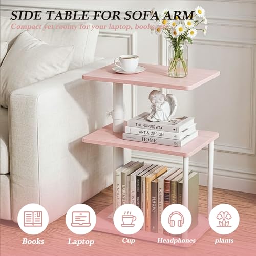 Image of Faesun Swivel Side Table for Couch Arm, Adjustable C End Table for Recliner or Bed, Tv Trays with Storage Shelf for Small Spaces Small Nightstand Table for Living Room, Bedroom,Pink