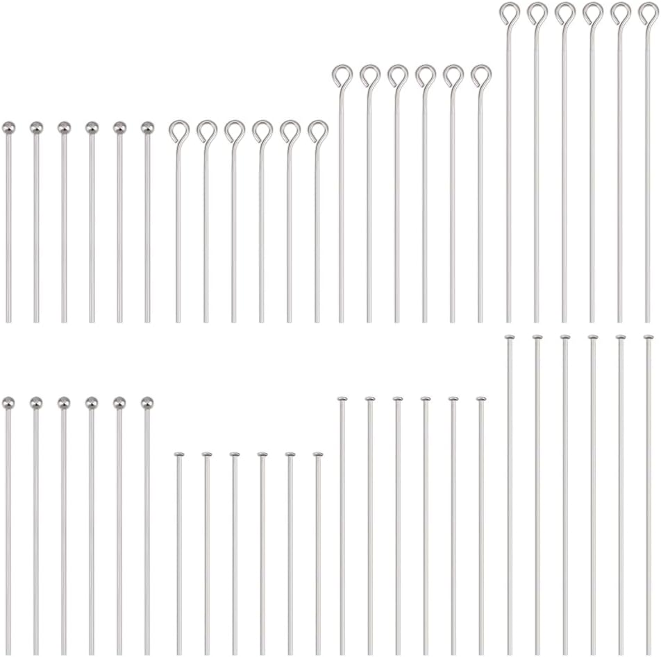 PH PandaHall 560pcs 8 Styles 304 Stainless Steel Eye Pins 30mm 40mm 50mm Head Pins 22 Gauge Ball Head Pin Findings Open Eye Pin for Earring Bracelet Pendant Jewelry Making, Stainless Steel Color
