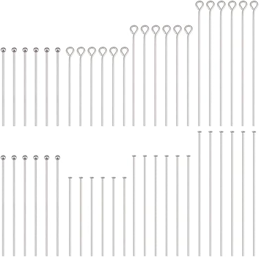 PH PandaHall 560pcs 8 Styles 304 Stainless Steel Eye Pins 30mm 40mm 50mm Head Pins 22 Gauge Ball Head Pin Findings Open Eye Pin for Earring Bracelet Pendant Jewelry Making, Stainless Steel Color