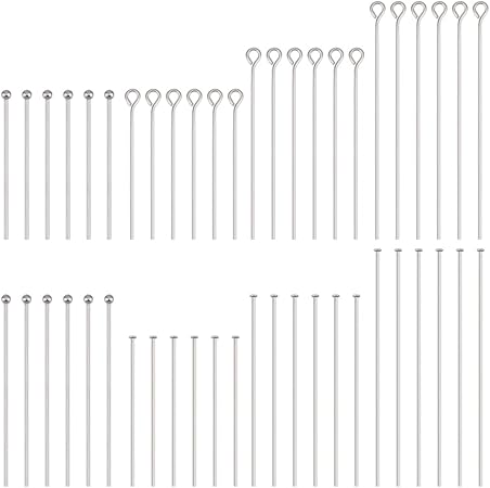 PH PandaHall 560pcs 8 Styles 304 Stainless Steel Eye Pins 30mm 40mm 50mm Head Pins 22 Gauge Ball Head Pin Findings Open Eye Pin for Earring Bracelet Pendant Jewelry Making, Stainless Steel Color