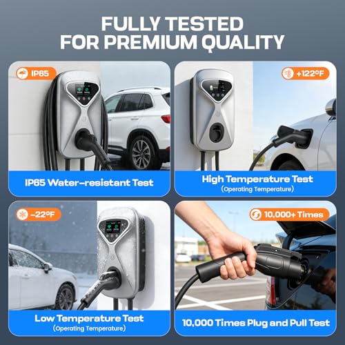 Image of Level 2 EV Charger 50 Amp Hardwired, 48 Miles Range /Hour Smart Electric Vehicle Charging Station with WiFi App, 25ft Cable, RFID & LCD Display, J1772 & Tesla Adapter, 120V Indoor /Outdoor(Silver)