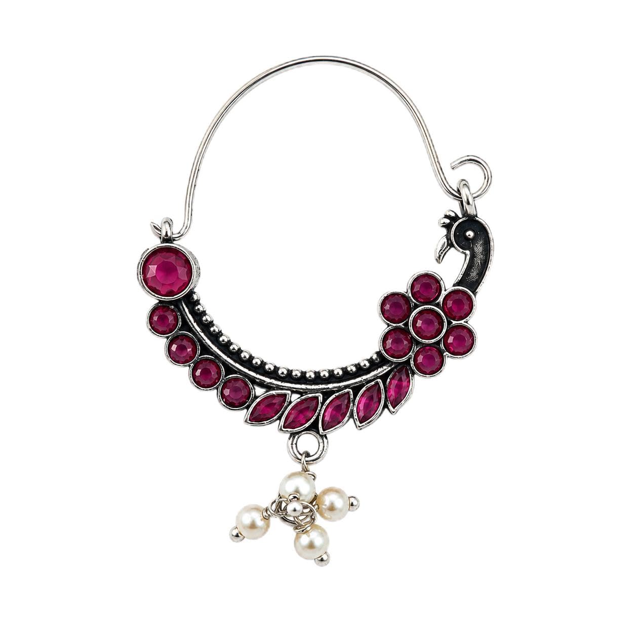 Oxidized Silver Nose Ring with Pink Stone Pearl-image-33