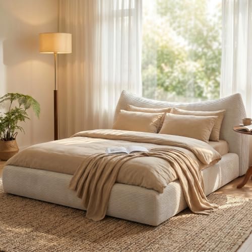 Image of Homkdom Cloud Bed Frame 9.4 inch Thick Soft Headboard & Anti-Collision Corner | Cat-Ear Design for Modern Bedroom, 15-Min Easy Assembly for First -Timers, Scratch-Resistant for Pet Owners, Noise-Fee, Queen