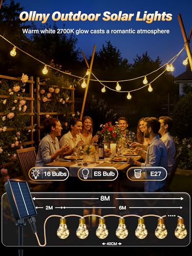 Ollny Solar Lights Outdoor Garden 8m Hemp Rope Festoon Light with Remote, USB Fairy String with 16 ES Shatterproof Bulbs 160 LEDs 8 Modes, Waterproof Lighting for Outside Gazebo Patio Party Decor - Image 2