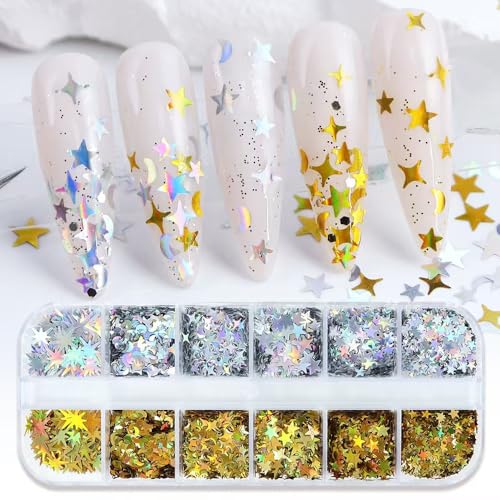 Image of 3 Box Star Nail Glitters Colorful Holographic Sequins 3D Mermaid Laser Independence Day Nail Flakes Sparkly Shiny Star Nail Decals Nail Art Design for Women Girls Manicure DIY Decorations