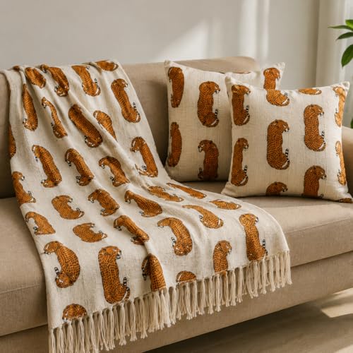 Image of Safari Leopard Heritage Printed Cotton Sofa Throw Blanket (50x70 Inches) with 2 Pcs Cushion Cover (16x16 Inch) Soft Lightweight for Couch, Living Room & Bed (Pack of 3)