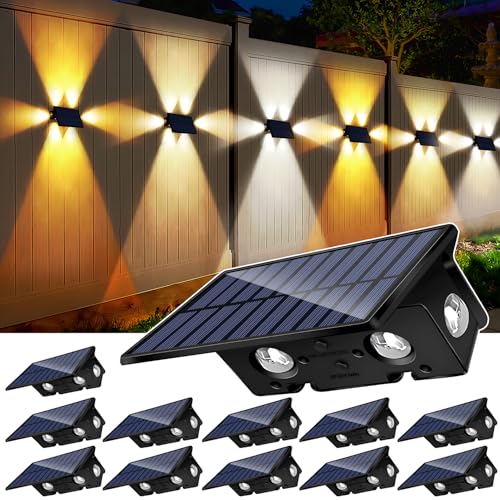 DBF Luces solares para vallas, 3 colores y 4 modos de iluminación, luces solares de 360°, luces solares para exteriores, impermeables, 6 LED del atardecer al amanecer, luz solar para patio, pared,