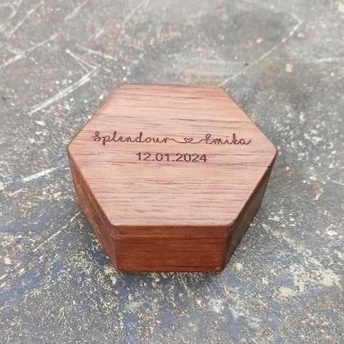 Image of Custom Engraved Hexagonal Wooden Ring Box for Wedding Ceremony, Hexagonal Solid Wood Wedding Ring Holder