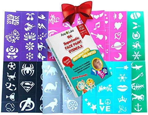 104 No Mess Foolproof Face & Body Paint Stencils - No Art Skills Required Designs - for Kids Ages 3 Upwards by Ava and Frank. Easy Fun for Birthday Parties, Events, Christmas, or as a Gift