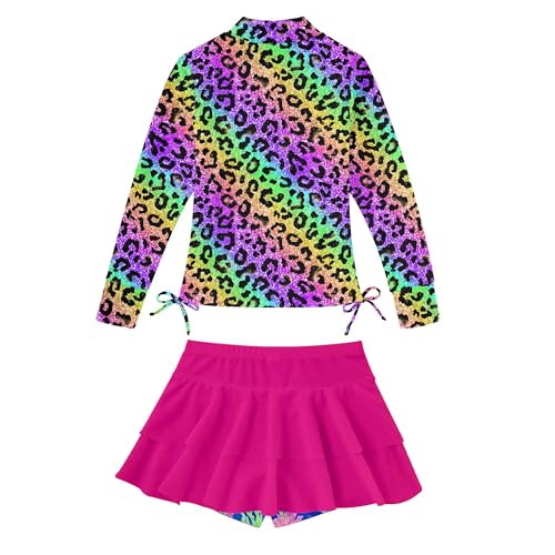 Image of Vogseek 3-12T Girls Swimsuit Long Sleeve Rashguard Bathing Suits Swim Set | Quick Dry, UPF 50+ Sun Protection, Swimming Skirt, Boyshorts, Zipper Two Piece Long Sleeve Swimsuits, Adjustable Drawstring