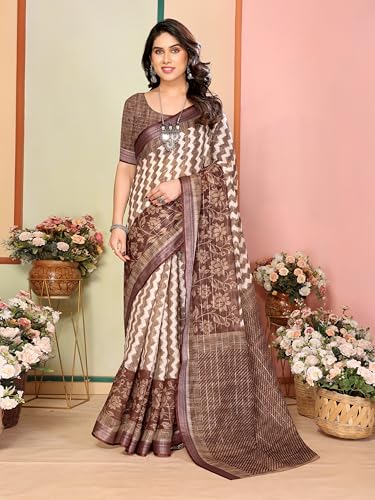 Image of Sidhidata Women's Cotton Linen Blend Lining Digital Printed Saree With Unstitched Blouse Piece (Linen Lining Saree)