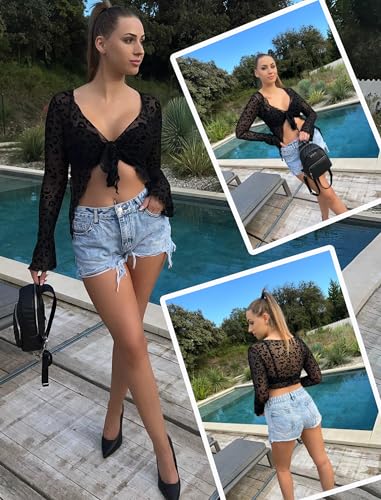 Image of Avidlove Women Mesh Crop Top Y2K Tie Front Tops Rave Top Sheer Cardigan Sexy V Neck Outfits S-2XL