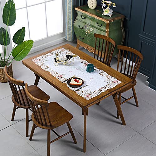 Petite nappe rectangulaire beige brodée de fleurs pour table basse - Nappe délicate - 57 x 117 cm