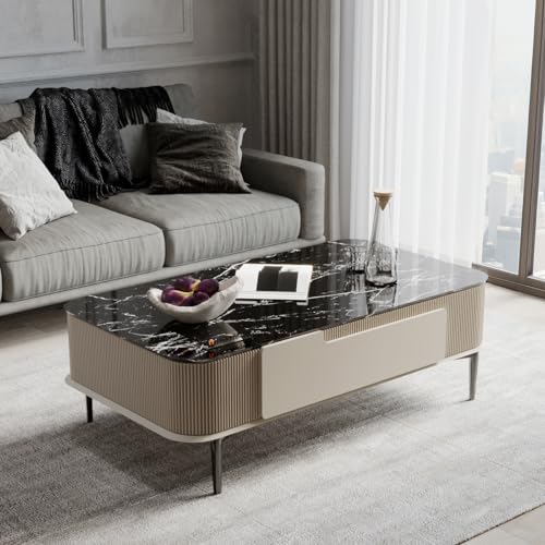 Image of DecorNation Valencia Faux Marble Coffee Table Champagne Cream | Elegant Center Table with Two Drawer Storage | PVD Coated Legs | Premium Living Room & Lounge Furniture for Home Decor Lovers