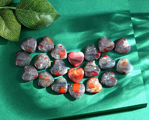 Image of QINJIEJIE 20PCS African Bloodstone Heart Stones Crystals Bulk Love Shaped Worry Stone Heart Rock Pocket Polished Palm Gems Crystal Reiki Balancing Wholesale Carved Stone Decor Gift