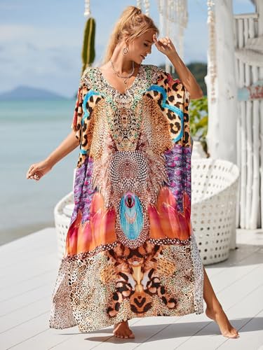 Image of Moss Rose Kaftan Dresses for Women V Neck Summer Swimsuit Cover up Caftan Maxi Beach Dresses