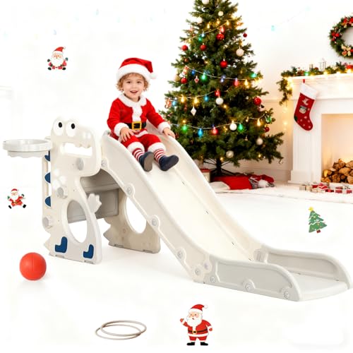 Tobogán para niños con aro de Baloncesto, Tobogán temático de Dinosaurio, Parque Infantil Interior y Exterior, Kit de Juego de Escalada Independiente con tobogán para bebés (Gris)