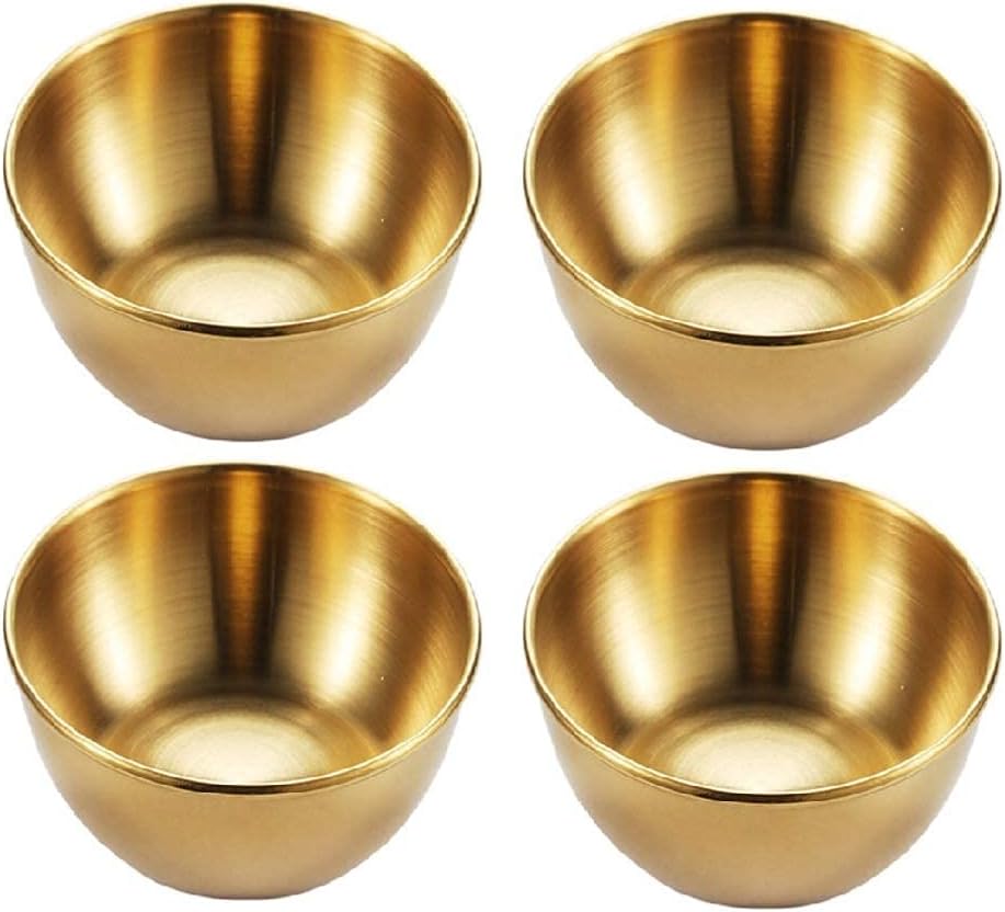 4pcs Stainless Steel Dip Bowls Round Seasoning Dishes Sushi Dipping Bowl Saucers Bowl Mini Appetizer Plates Seasoning Dish Saucer Plates (Gold)