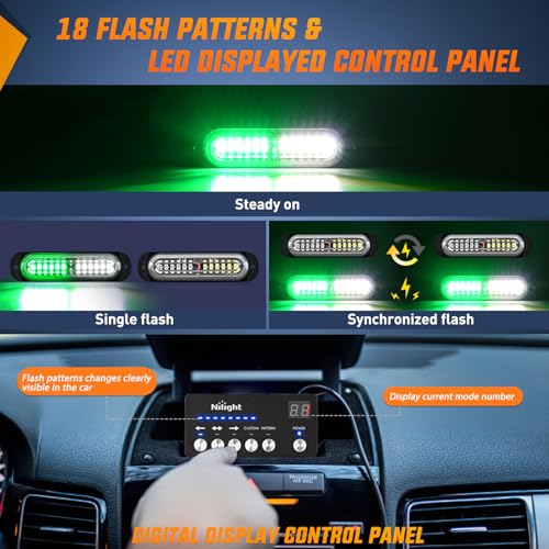 Image of Nilight 8PCS Led Strobe Lights with Controller 12V 24V Sync Green White | 12 LED Surface Mount Emergency Hazard Warning Lights with Strobe Controller for Vehicle Car Truck RV ATV