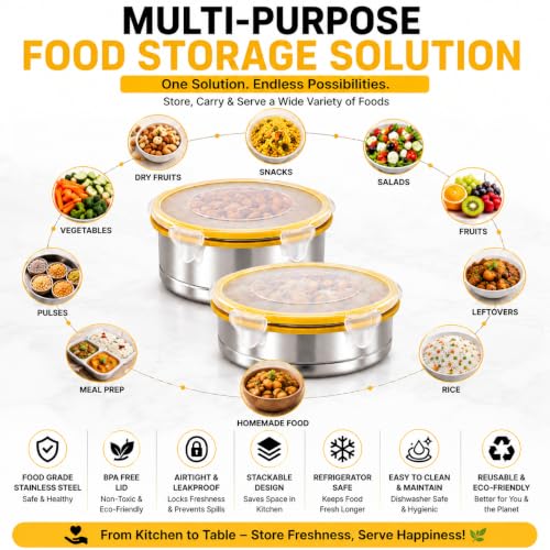 Image of Stainless Steel Airtight Round Container with Leak Proof Lid | BPA Free Food Storage Lunch Box Dabba for Office College School Home Travel | Tiffin Box (5.10 x 10.5cm size) | Pack of 2,Yellow