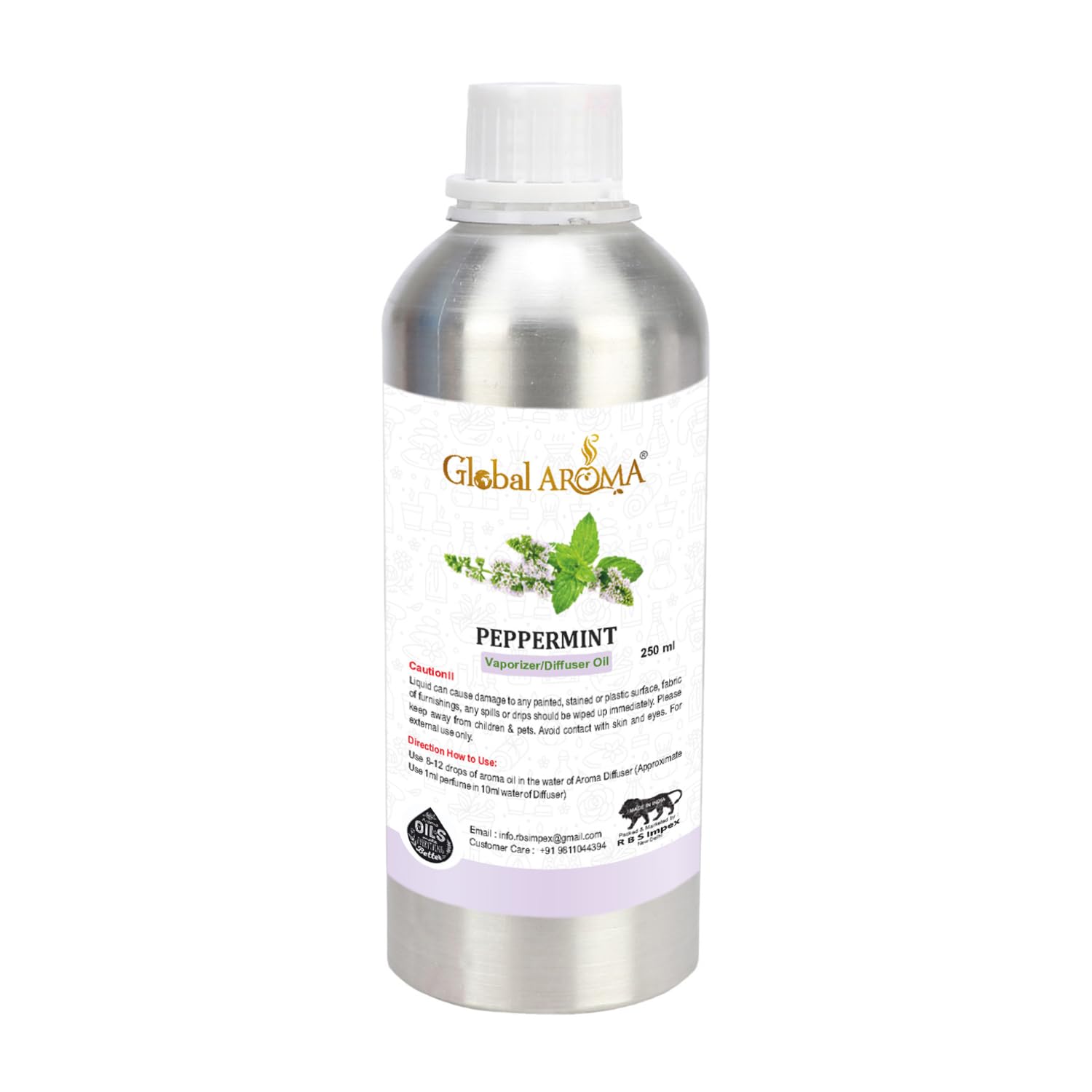 Global Aroma Peppermint Diffuser Oil For Relax Calm Mood, Natural Homely Fragrance, Anxiety Free Sleep & Pure Aromatherapy (250 ML)