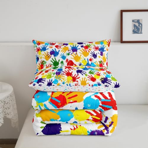 Image of Feelyou Cute Handprint Bedding Set Kids Boys Girls Watercolor Rainbow Comforter Set King Size Modern Duvet Insert Colorful Hand Shapes Abstract Decoration