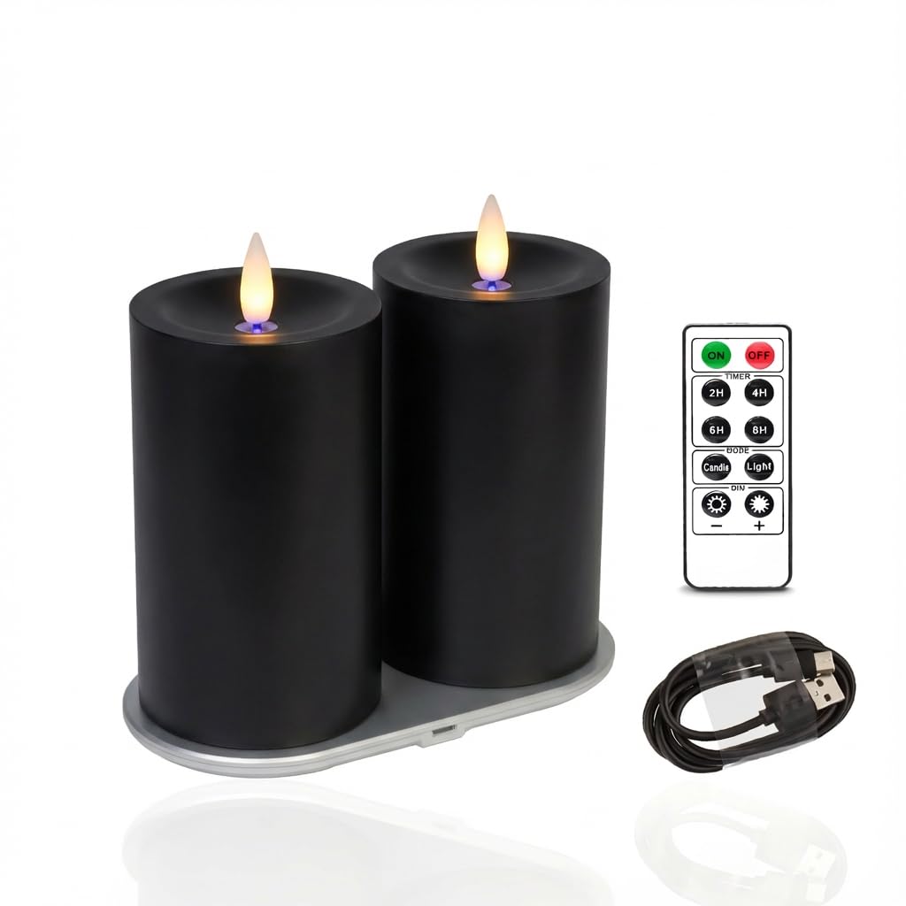 Candela pilastro ricaricabile senza fiamma con timer remoto, fiamma in movimento 3D, candele a pilastro in vera cera (nero, 7,6 x 12,7 cm)