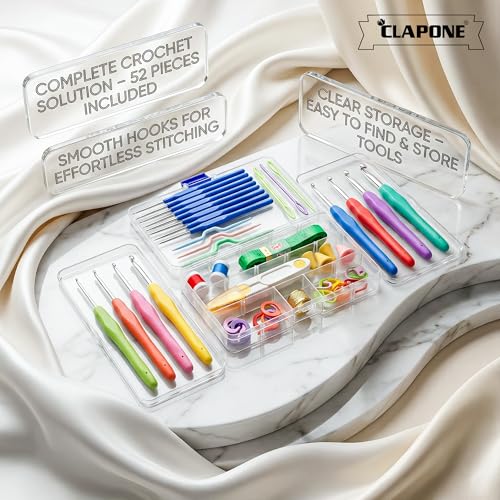 Image of CLAPONE 52 Piece Crochet Set Crochet Kit Crochet Hooks Knitting Kit Crochet Needles Yarn Needle Knitting Needles Set for Beginners Knitting Needles with Ergonomic Handles,Multicolour