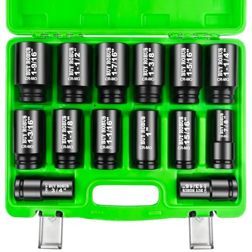3/4 inch Drive Impact Socket Set 14 Piece Heavy Duty CR-MO Deep and Jumbo Sockets 6 Point Design SAE 3/4 to 1-9/16 for Large Vehicle and Apparatus Maintenance