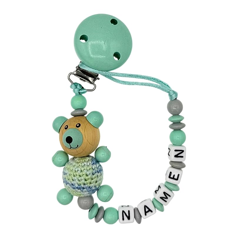 Set Nuckelkette + Kinderwagenkette mit Namen " 3D - BÄR MIT HÄKELKÖRPER " Mint Hellgrau/Baby/Unisex/Personalisiert/HANDMADE