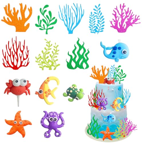14 PCS Decoracion Tarta, Decoracion Tarta Vida Marina, Cake Topper Vida Marina, Ideal para Fiestas de Cumpleaños Infantiles, Fiestas Temáticas Del Océano Y Baby Showers