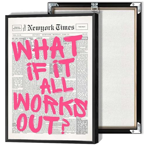 Image of Drimiler Retro Newspaper Pink Font Poster What If It All Works Out Canvas Wall Art Positive Affirming Quote Minimalist Prints Painting For Home Bedroom Dorm Wall Decor 16x24in Framed