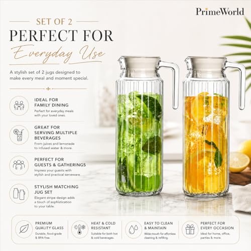 Image of PrimeWorld 2 Pcs Stripe Glass Jug with Lid, 1.1Liters Each, Multipurpose Jug, Transparent Beverage Carafe for Home, Office, Pitcher for Serve Water, Milk, Juice, Beverage, Lassi, Cocktail